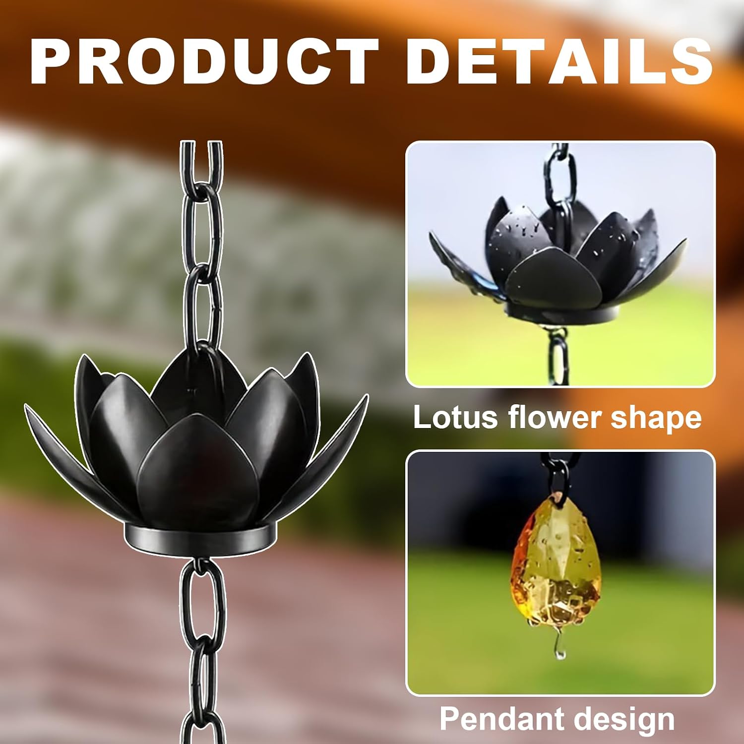 Lotus Rain Chain 3.93ft Rust Resistant Rain Catchers for Divert Water | Decorative Rain Chains with Heavy Crystal