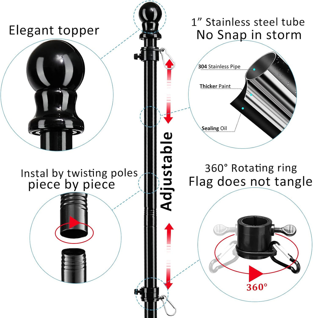 Black Flag Poles for Outside - 8.5FT Metal Outdoor Yard Flag Pole Holder with 2 Prongs Base - 3x5FT American Flag with