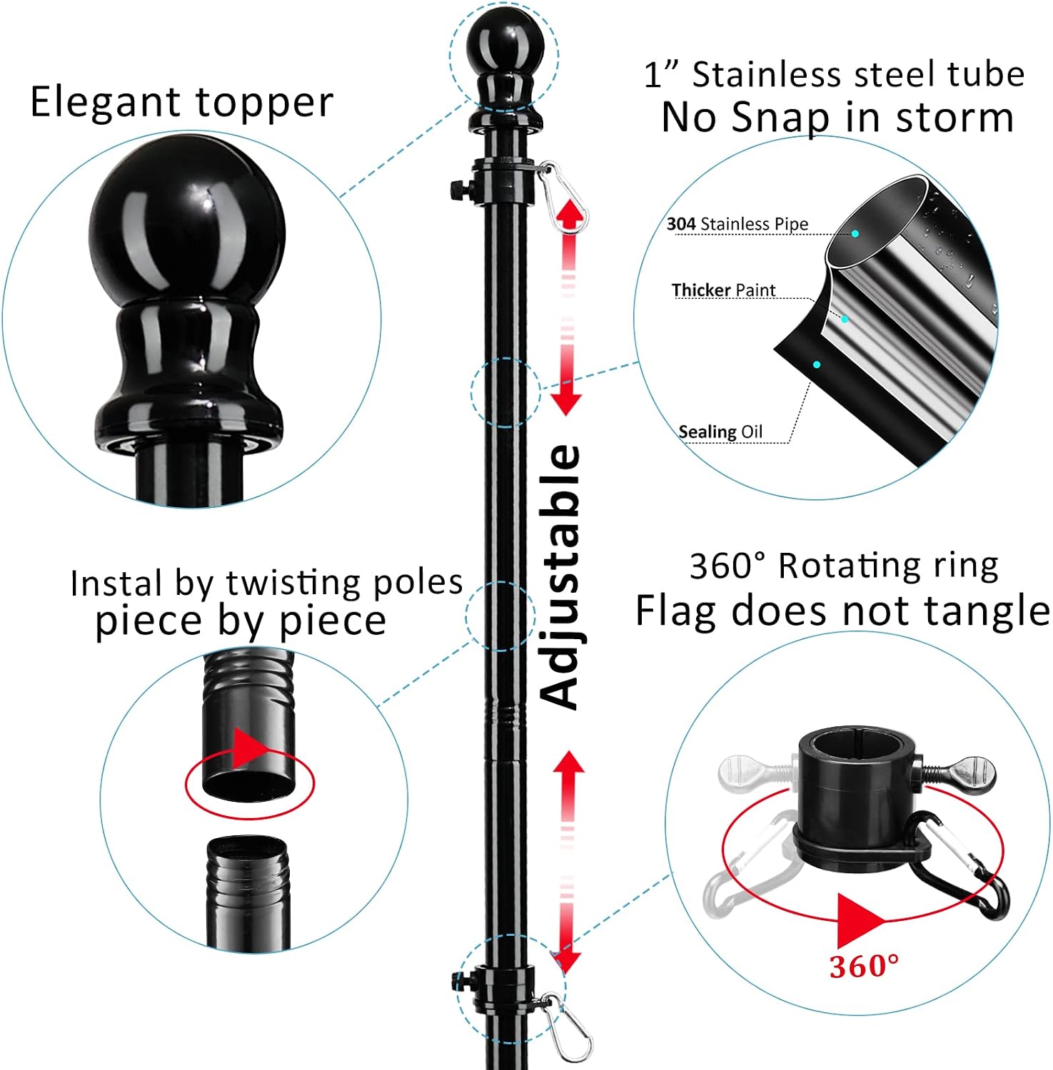 Black Flag Poles for Outside - 8.5FT Metal Outdoor Yard Flag Pole Holder with 2 Prongs Base - 3x5FT American Flag with