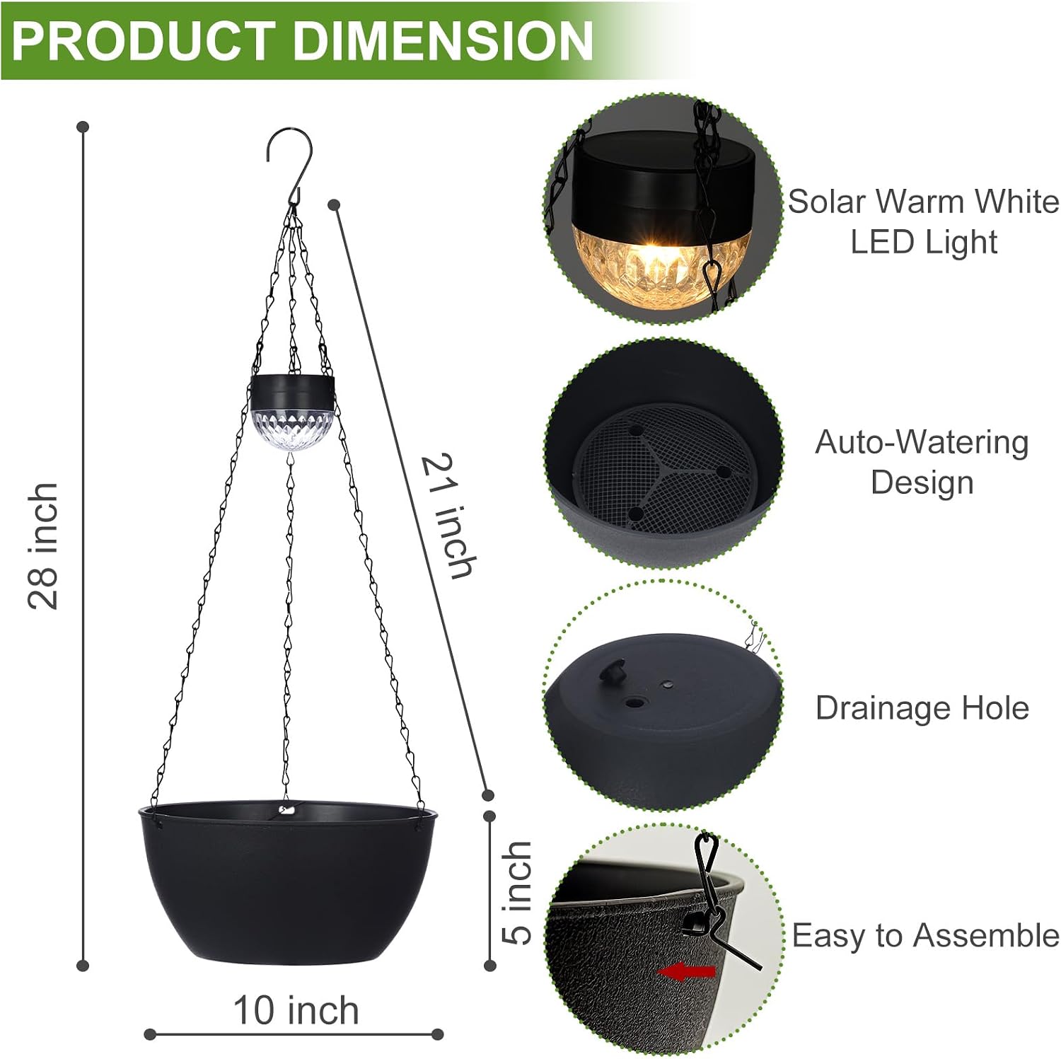 BAYN 2 Packs Solar Hanging Basket Planters for Plants Outdoor | Self Watering, Black Flower Pots with Solar Light