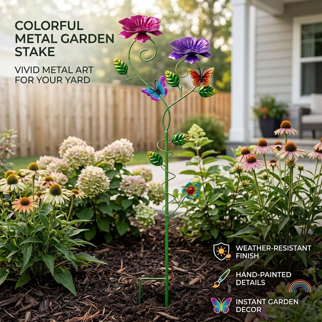 Flower Garden Stakes for Outdoor Yard Patio Lawn Decor | Hand-Painted Uv-Resistant Metal, Butterfly Accents, Spiral