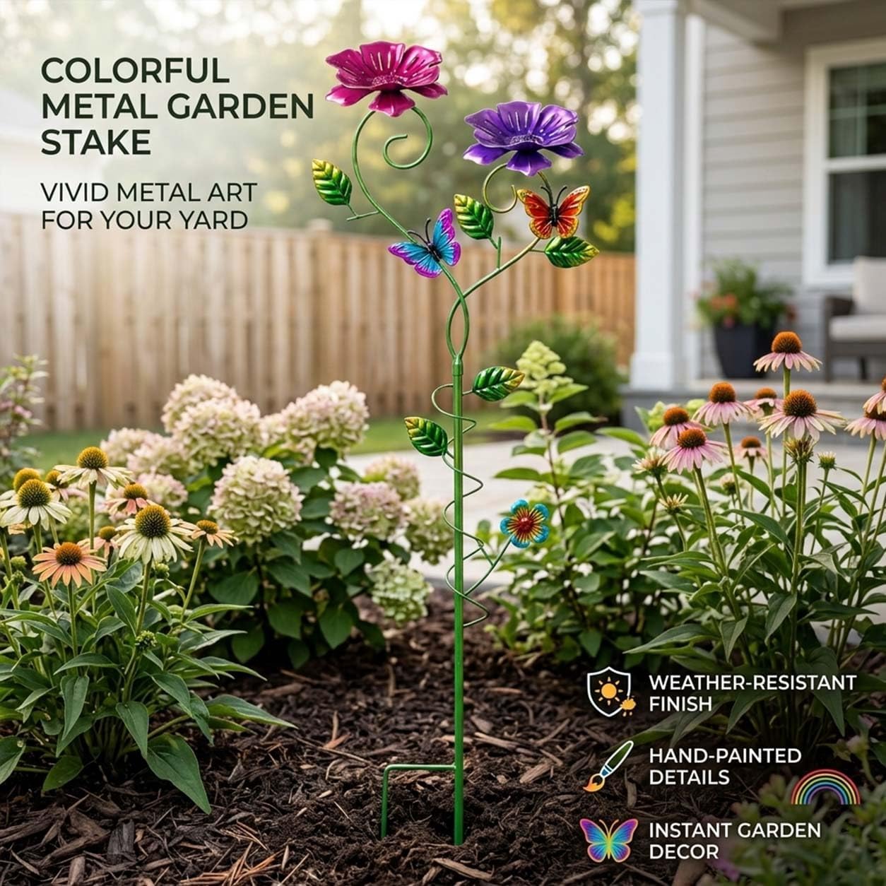 Flower Garden Stakes for Outdoor Yard Patio Lawn Decor | Hand-Painted Uv-Resistant Metal, Butterfly Accents, Spiral