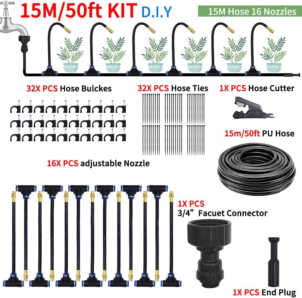 360° Adjustable Drip Irrigation System, 50FT Garden Watering Kit with 16 Nozzles, 5/16 Inch Hose, Atomizing System for