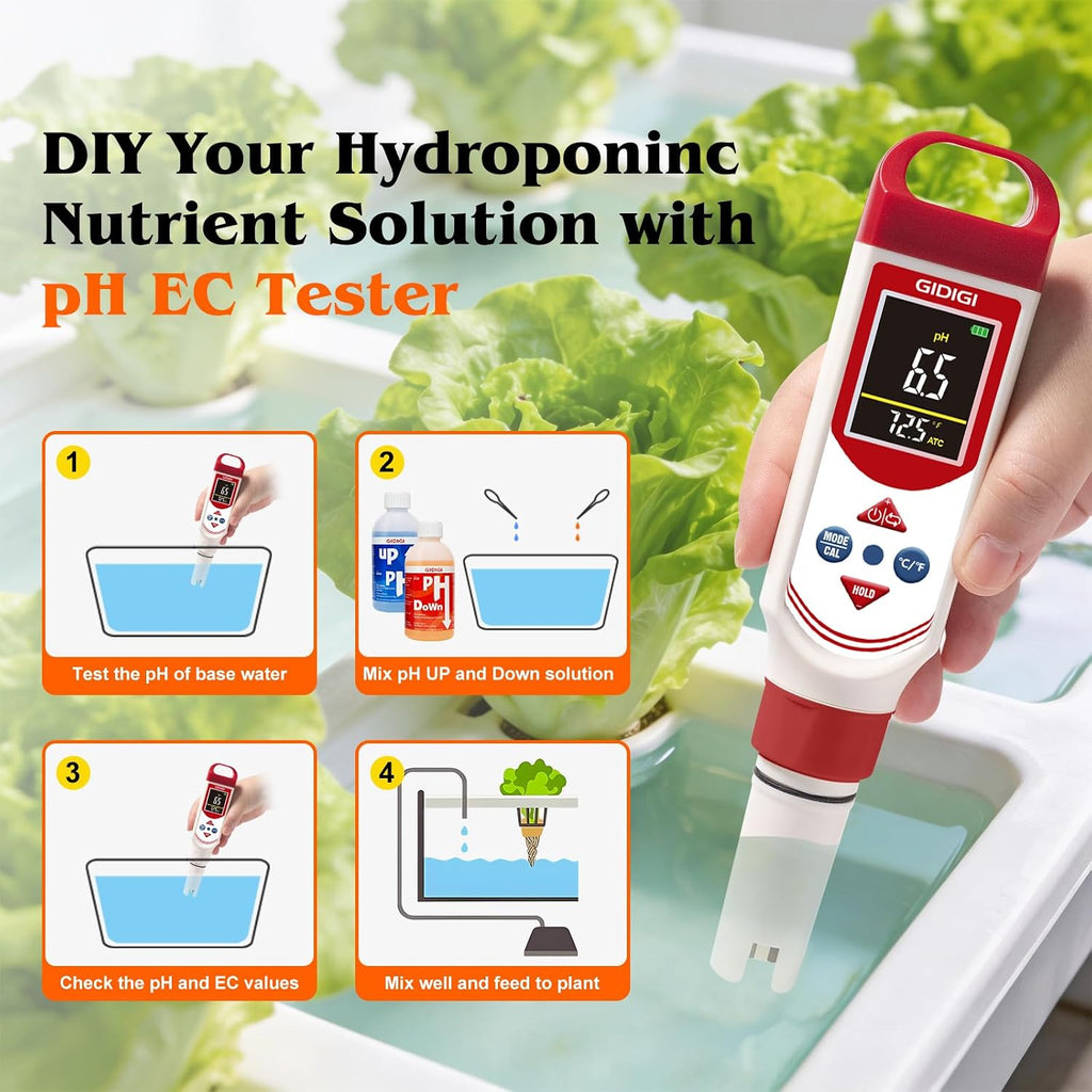 pH EC Meter for Hydroponic, Digital pH TDS EC ppm Tester | Color Screen Display, High Accuracy pH Pen Probe for