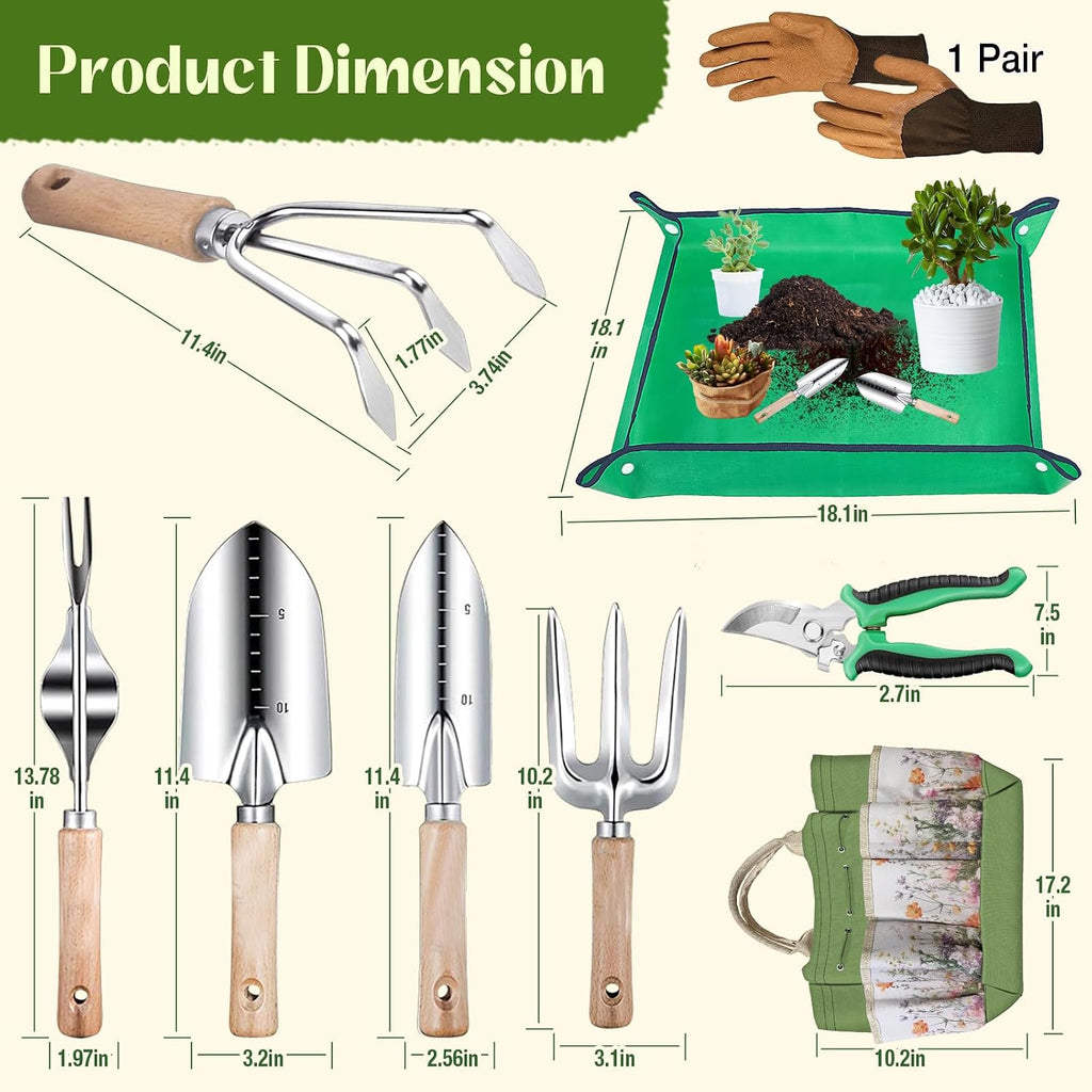 Garden Tools 9 Pcs Heavy Duty Gardening Tool Set Green Tote Bag Men Women | 9-Piece Gardening Gifts, Rust-Proof