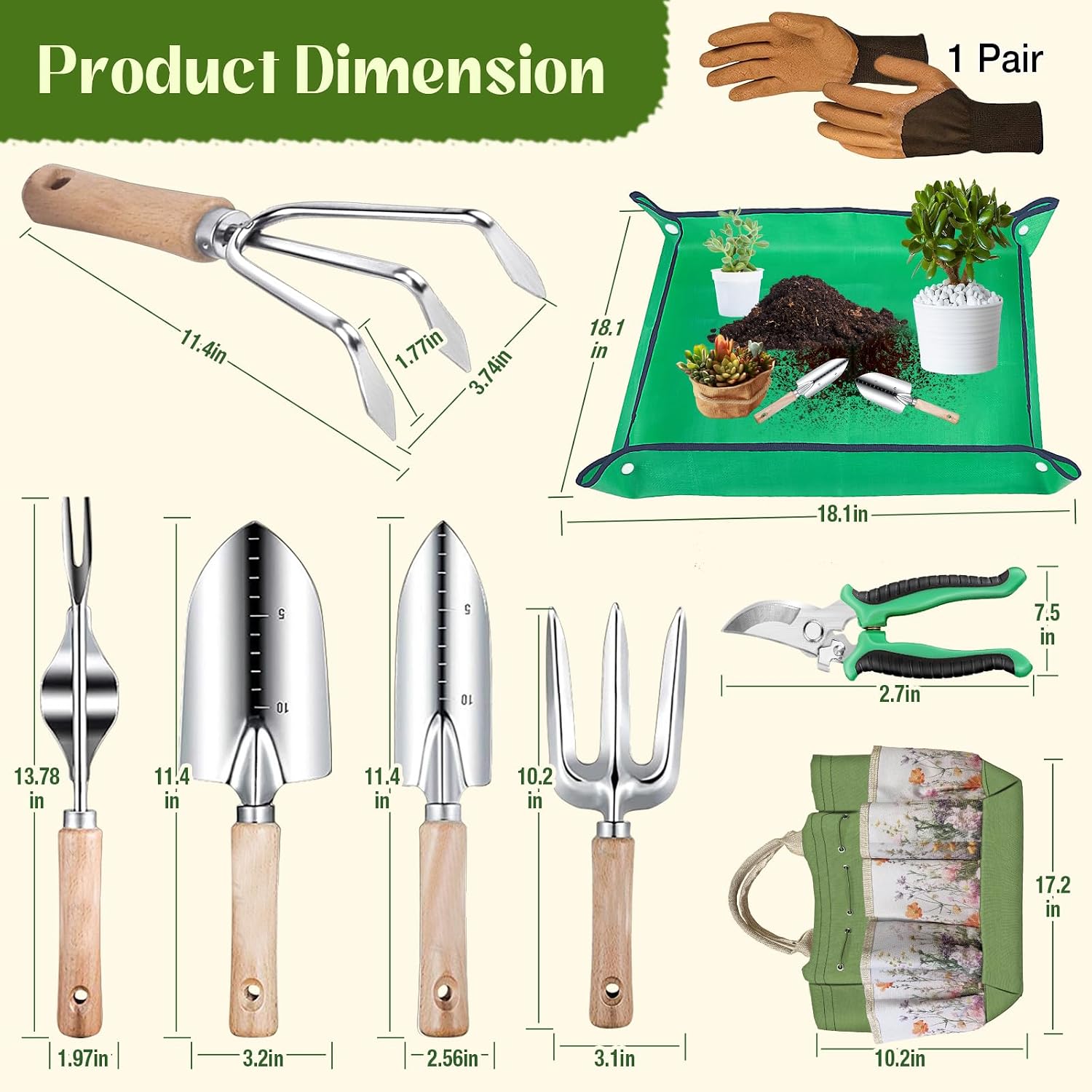 Garden Tools 9 Pcs Heavy Duty Gardening Tool Set Green Tote Bag Men Women | 9-Piece Gardening Gifts, Rust-Proof
