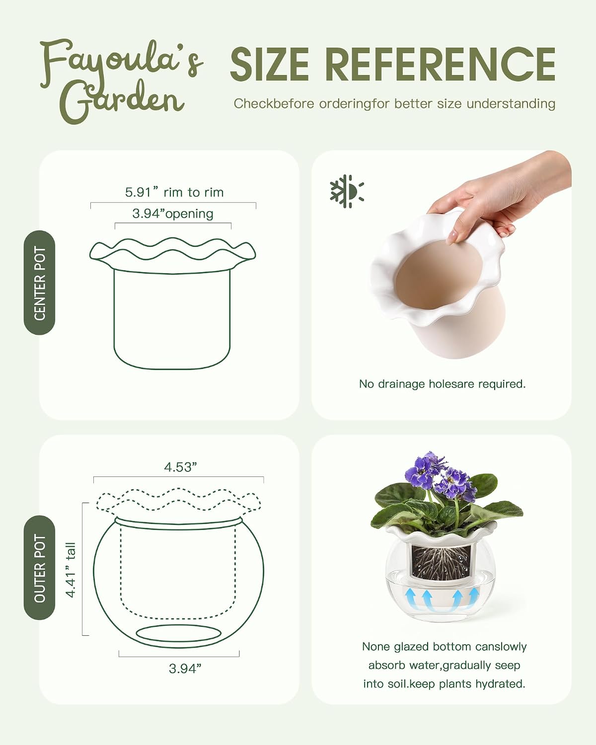 Fayoula 6 Inch African Violet Pots Maintenance, Glass Self-Watering Planter for Indoor Plants - Ideal Flower Pot for
