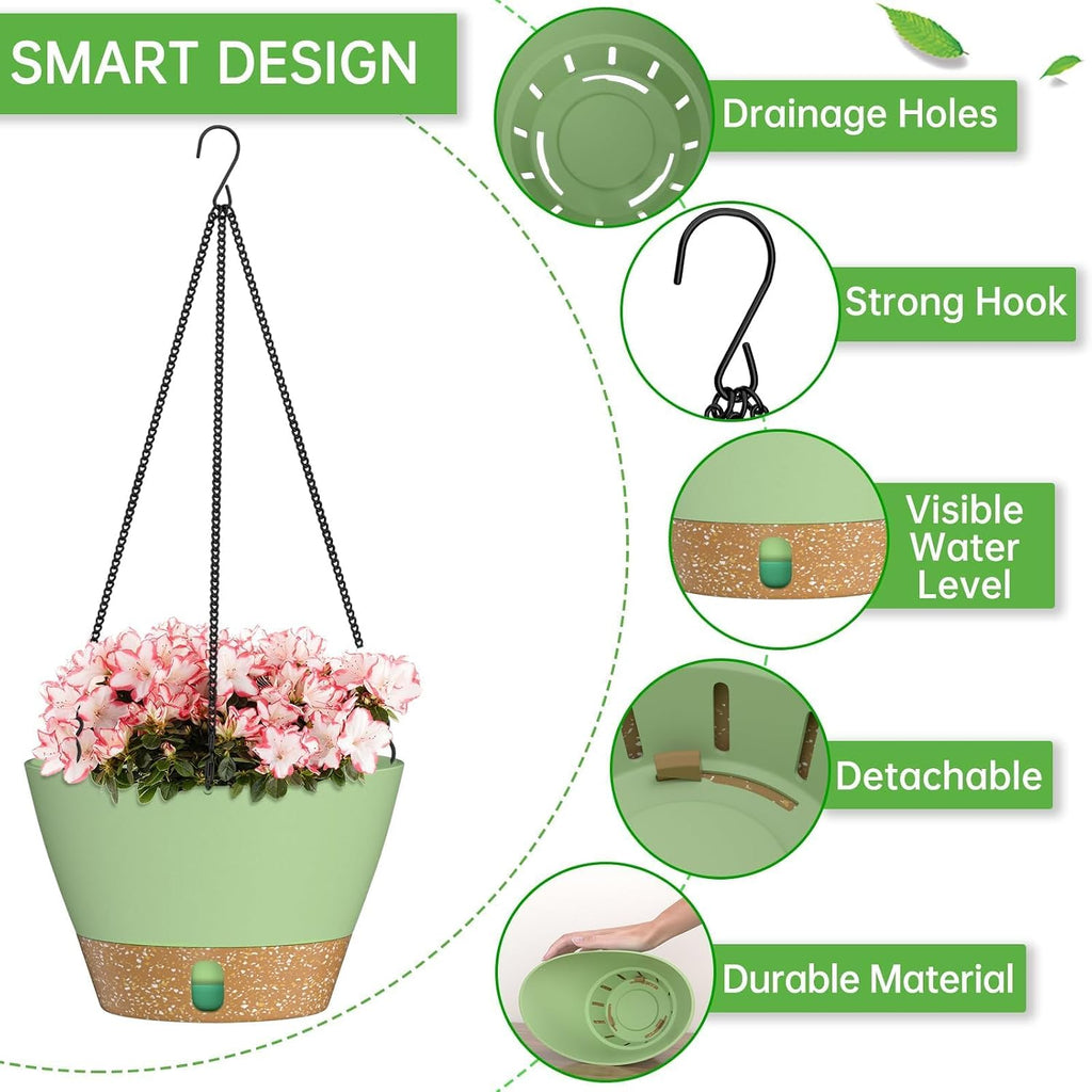 ZMTECH 2 Pack 10 Inch Hanging Baskets for Plants Outdoor Indoor, Modern Green Planters with Water Level Window & Metal