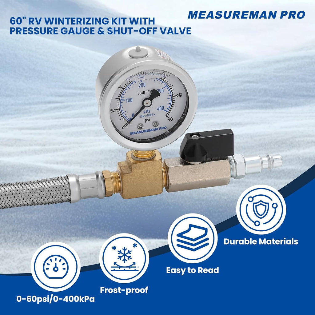 MEASUREMAN Garden Hose Blowout Kit, 0–60 PSI Pressure Gauge,60-Inch Stainless Steel Braided Hose, 3/4 Inch GHT, 1/4