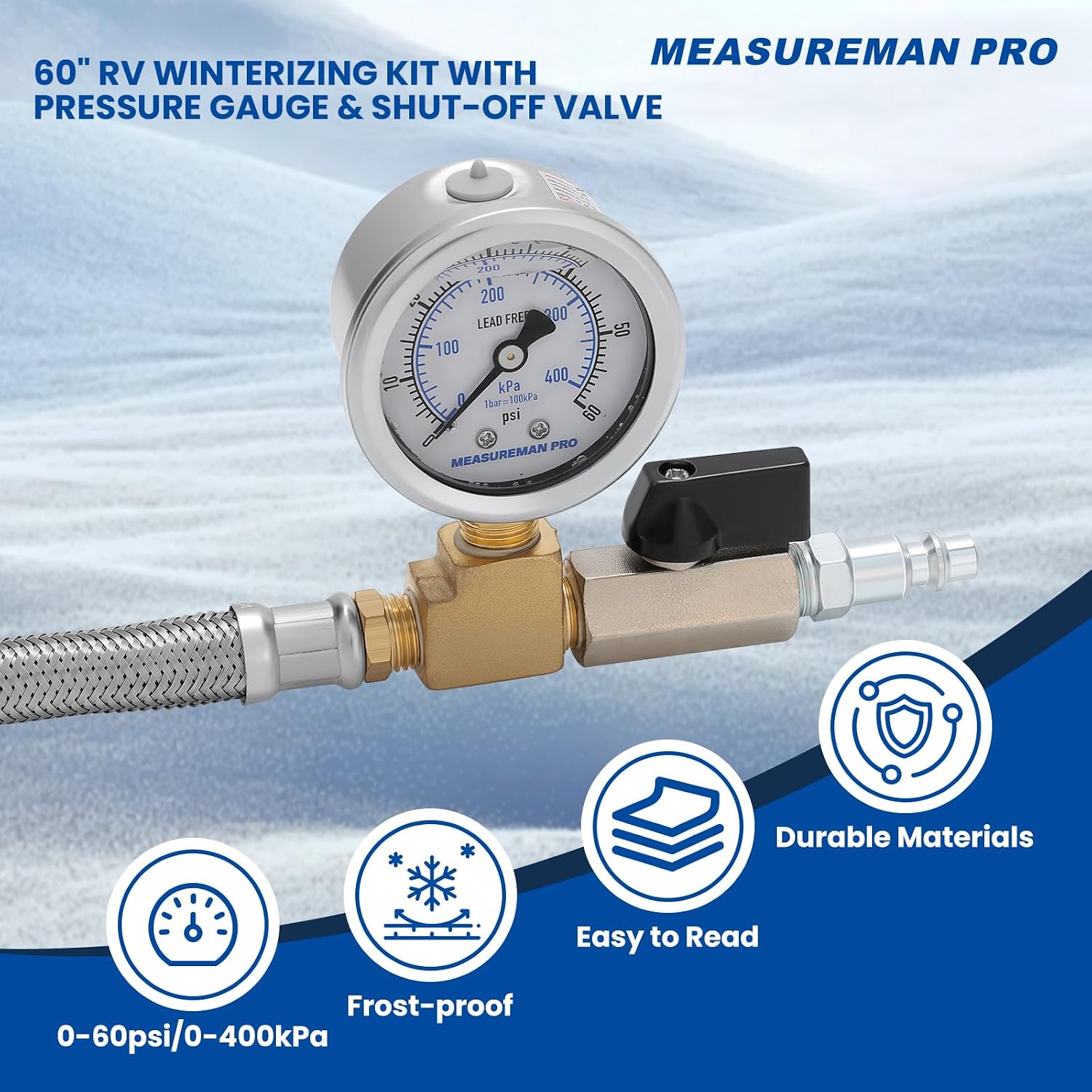 MEASUREMAN Garden Hose Blowout Kit, 0–60 PSI Pressure Gauge,60-Inch Stainless Steel Braided Hose, 3/4 Inch GHT, 1/4