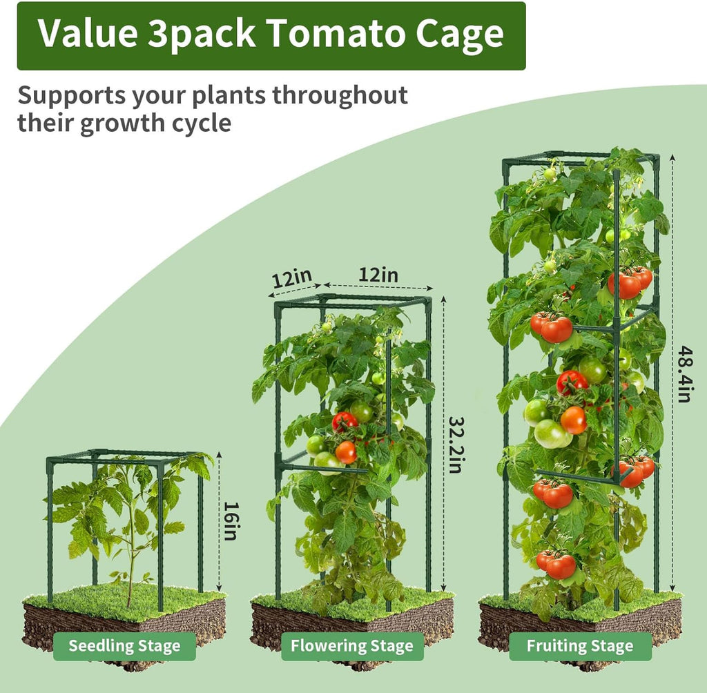 ROADPLUM 3 Pack 48" Tomato Cage for Garden, Heavy Duty Adjustable Plastic Coated Steel Pipe Tomato Stakes Trellis Plant