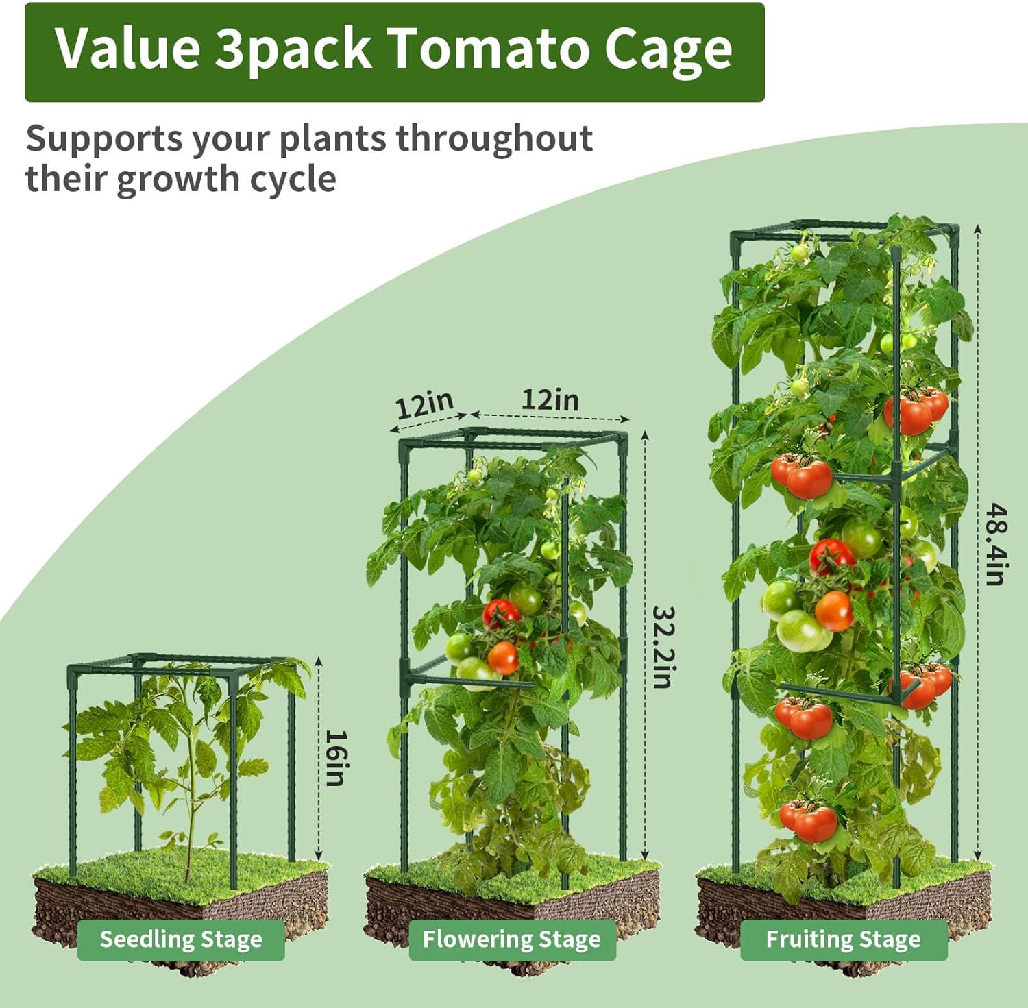 ROADPLUM 3 Pack 48" Tomato Cage for Garden, Heavy Duty Adjustable Plastic Coated Steel Pipe Tomato Stakes Trellis Plant