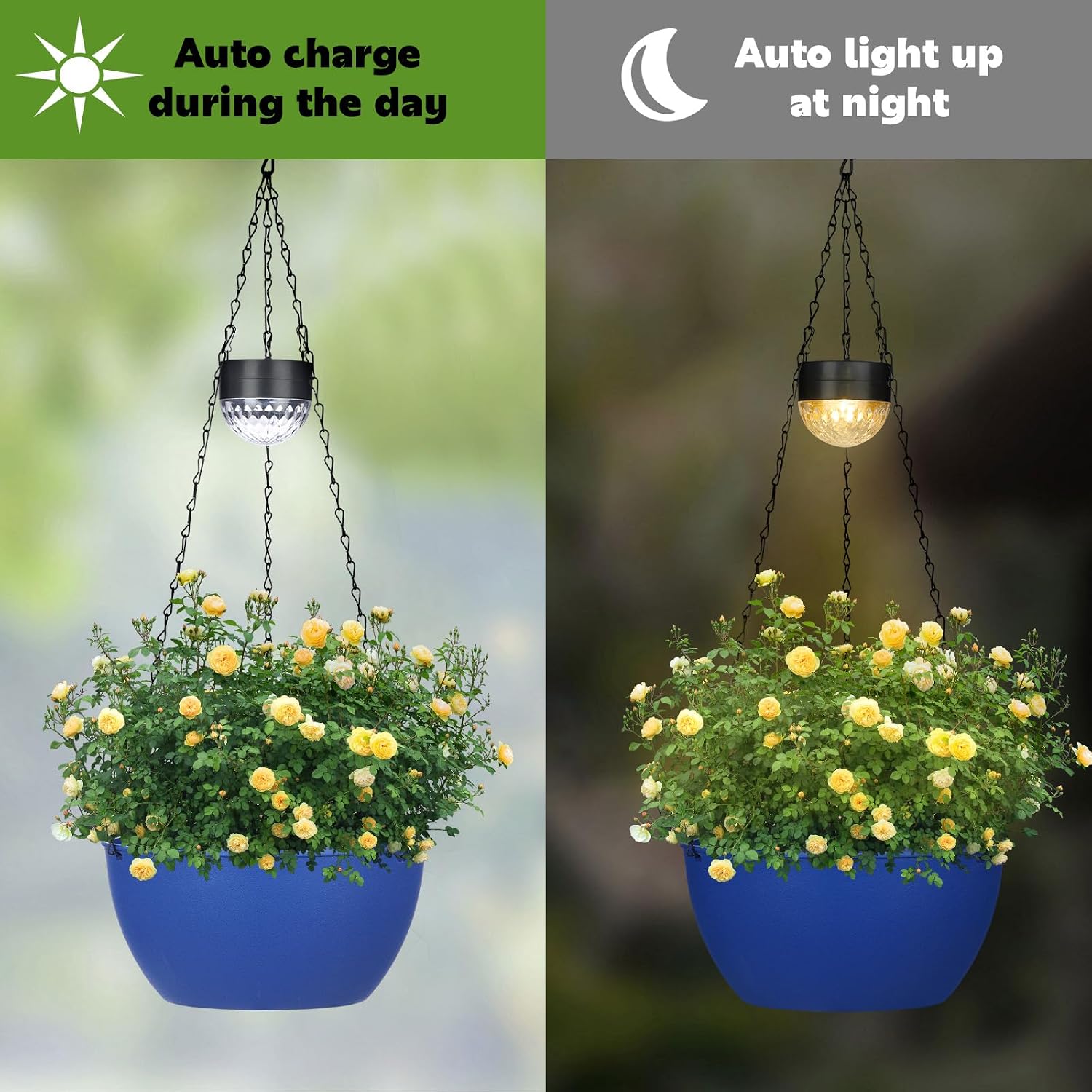 BAYN 2 Packs Solar Hanging Basket Planters for Plants Outdoor | Self Watering, Blue Flower Pots with Solar Light