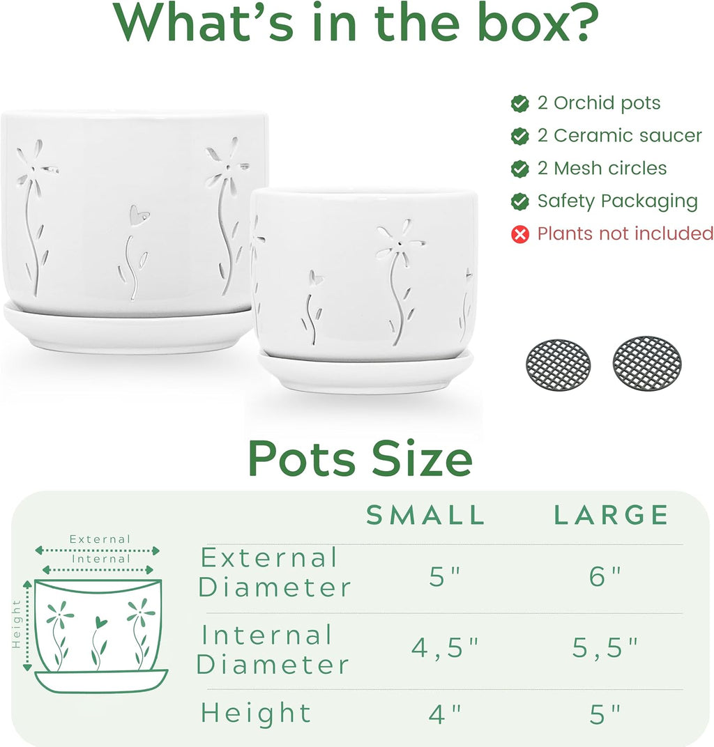 2 Pack, 5 + 6 Inch White Orchid Pots with Holes and Saucer, Ceramic Orchid Planters for Repotting with Drainage Holes