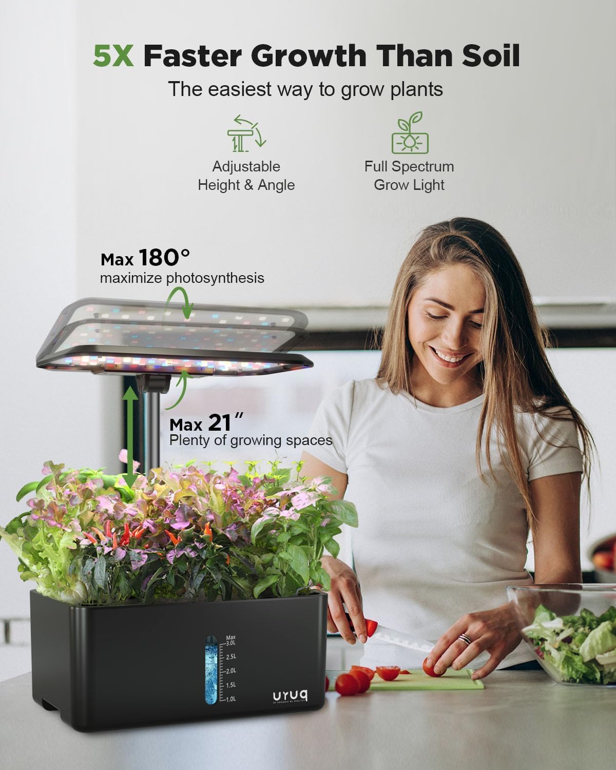 URUQ 8 Pods Hydroponics Growing System with LED Grow Light - Black | Quiet Water Pump, Automatic Timer, Adjustable