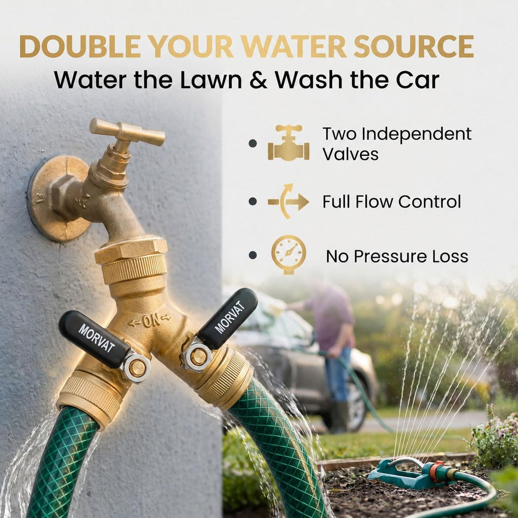 Brass 2-Way Y Splitter LEAD-FREE, Heavy-Duty Garden Hose Connector with Extra Long Butterfly Comfort Grip ON/OFF