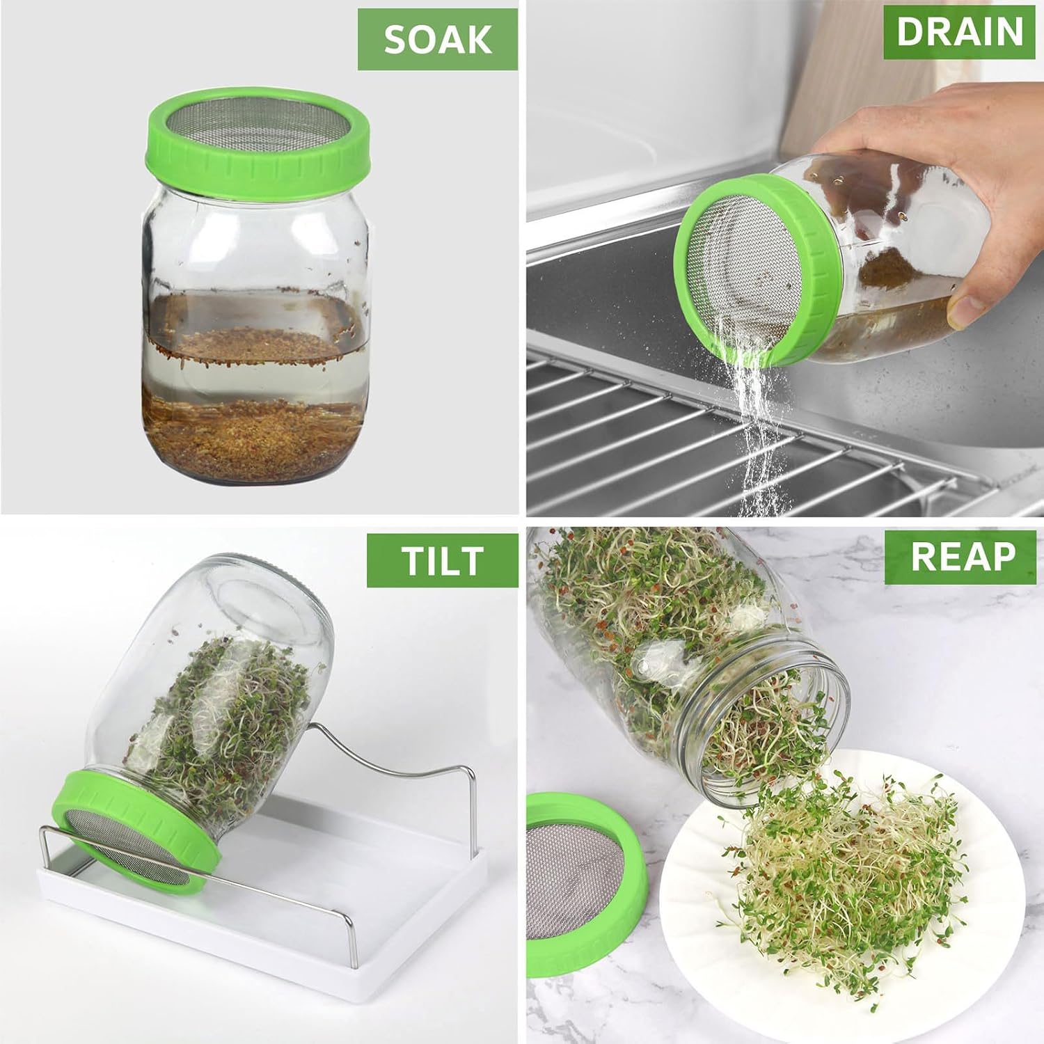 Sprouting Jar Kit| Wide Mouth Mason Jars,Plastic & 316 Stainless Steel Sprout Lids,Tray,Stand| Sprouter Set for Growing