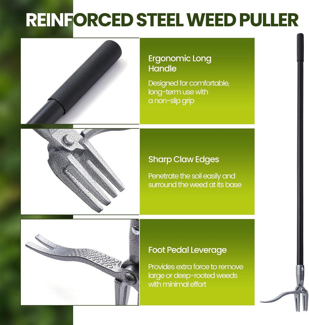 Weed Puller, Stand Up Weed Puller Tool with Steel Long Handle, 4 Claw Steel Head Weeder Tool, Handle Weeder Tool
