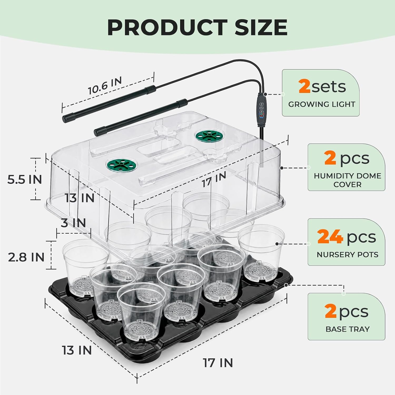 4 Inch Seed Starter Trays 2 Pack, 12-Cell | With Grow Light, Humidity Dome, 24 Pcs 4" Nursery Pots, Plastic Germination
