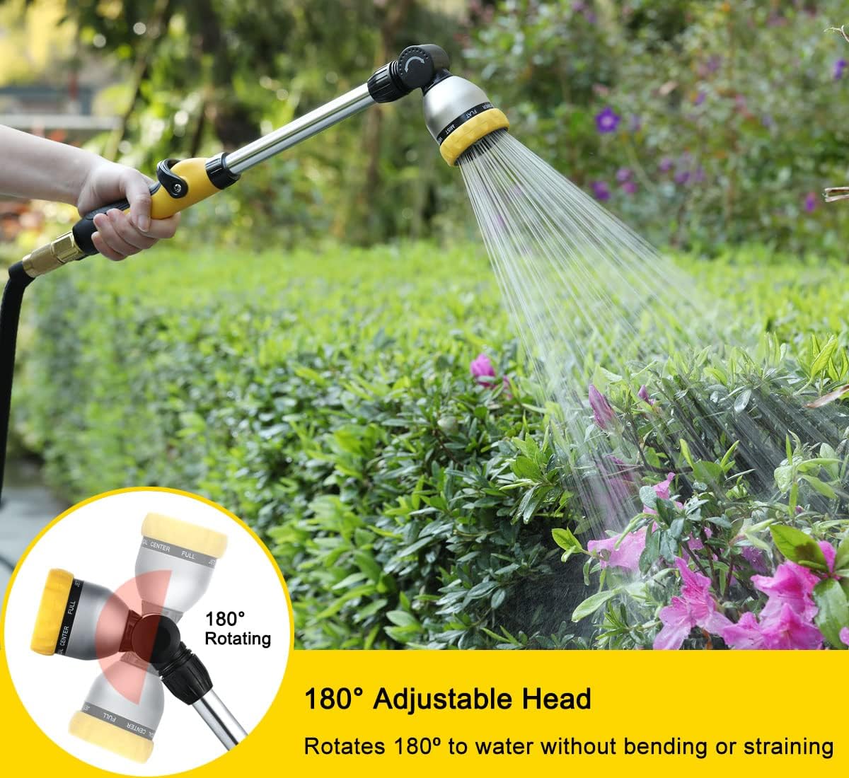 FANHAO 16 Inches Garden Watering Wand, 180° Rotating Head Hose Wand with Thumb Control Shut Off Valve 8 Patterns Heavy