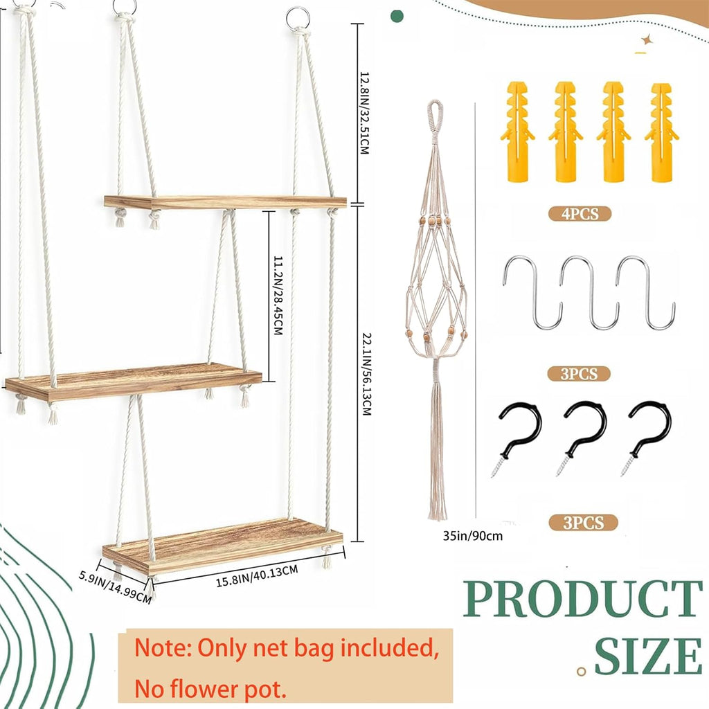 3-Tier Boho Window Plant Shelves with 35 Inch Macrame Plant Hanger | Indoor wood Hanging Plant Shelf, Holds Up to 20