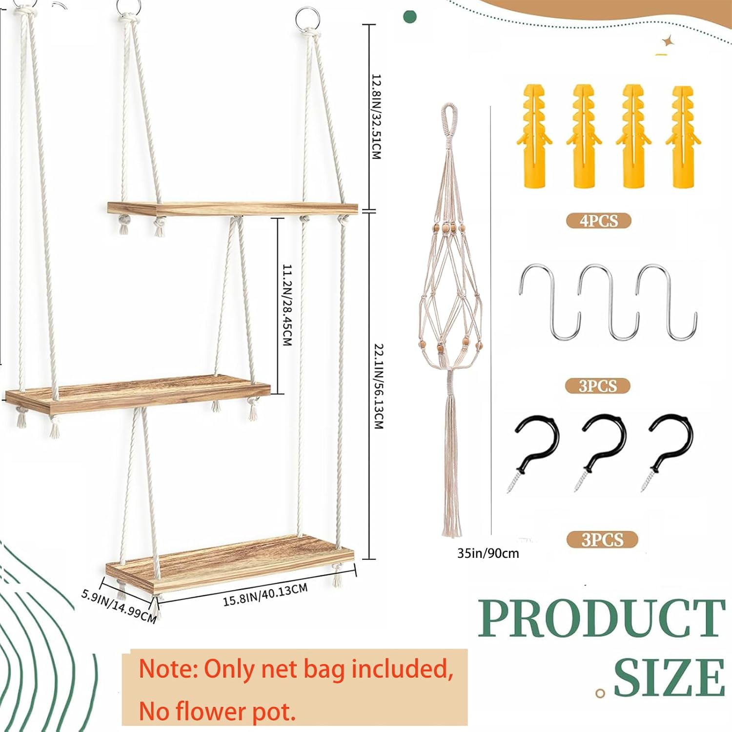 3-Tier Boho Window Plant Shelves with 35 Inch Macrame Plant Hanger | Indoor wood Hanging Plant Shelf, Holds Up to 20