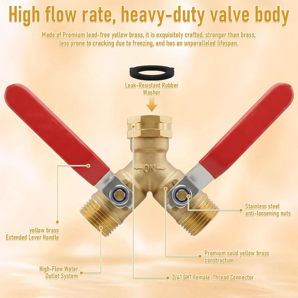 Garden Hose Splitter 2 Way, Heavy Duty Brass Y Valve Water Hose Splitter With Stainless Steel Long Handle Outdoor Full