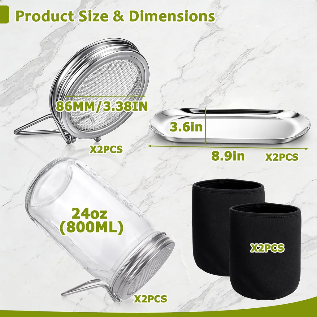 Sprouting Jar Kit, Stainless Steel Sprouting Lids with Stand, 2 Pcs | Sprouting Kit with Glass Mason Jars &