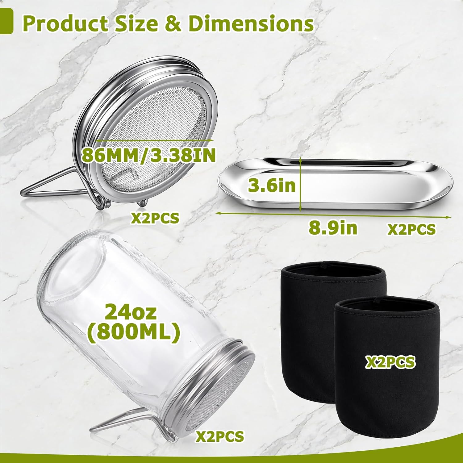 Sprouting Jar Kit, Stainless Steel Sprouting Lids with Stand, 2 Pcs | Sprouting Kit with Glass Mason Jars &
