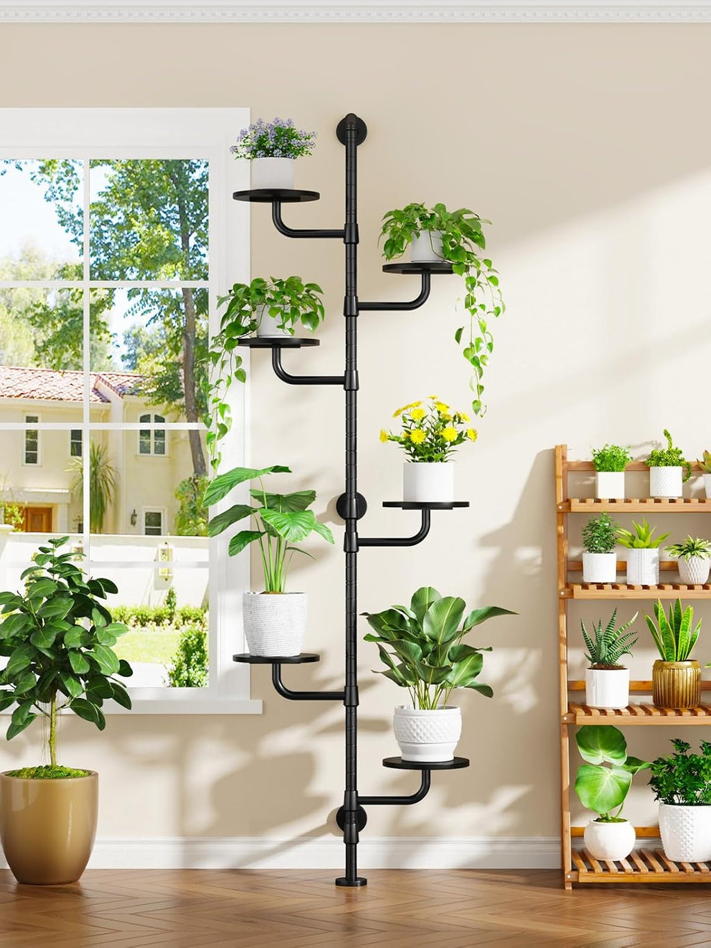 Plant Stand Indoor, Tall Wall Mounted Metal Pole, 6-Tier, Black | Rotating Wooden Board Plant Holder for French Window