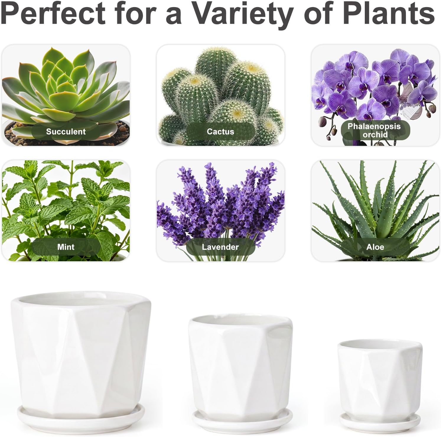 White Ceramic Planter Set of 3 with Drainage and Saucer, Indoor Plant Pots | Modern Geometric Flower Pots (6.5/5.5/4.5