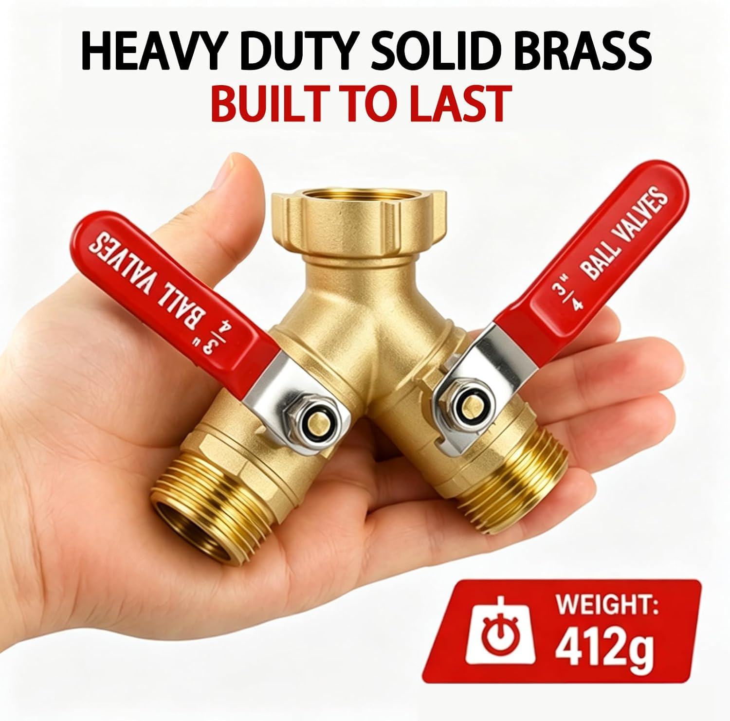 Garden Hose Splitter 2 Way, Heavy Duty Brass Full Flow Y Valve, 3/4" GHT | Solid Brass Construction with Leak-Proof