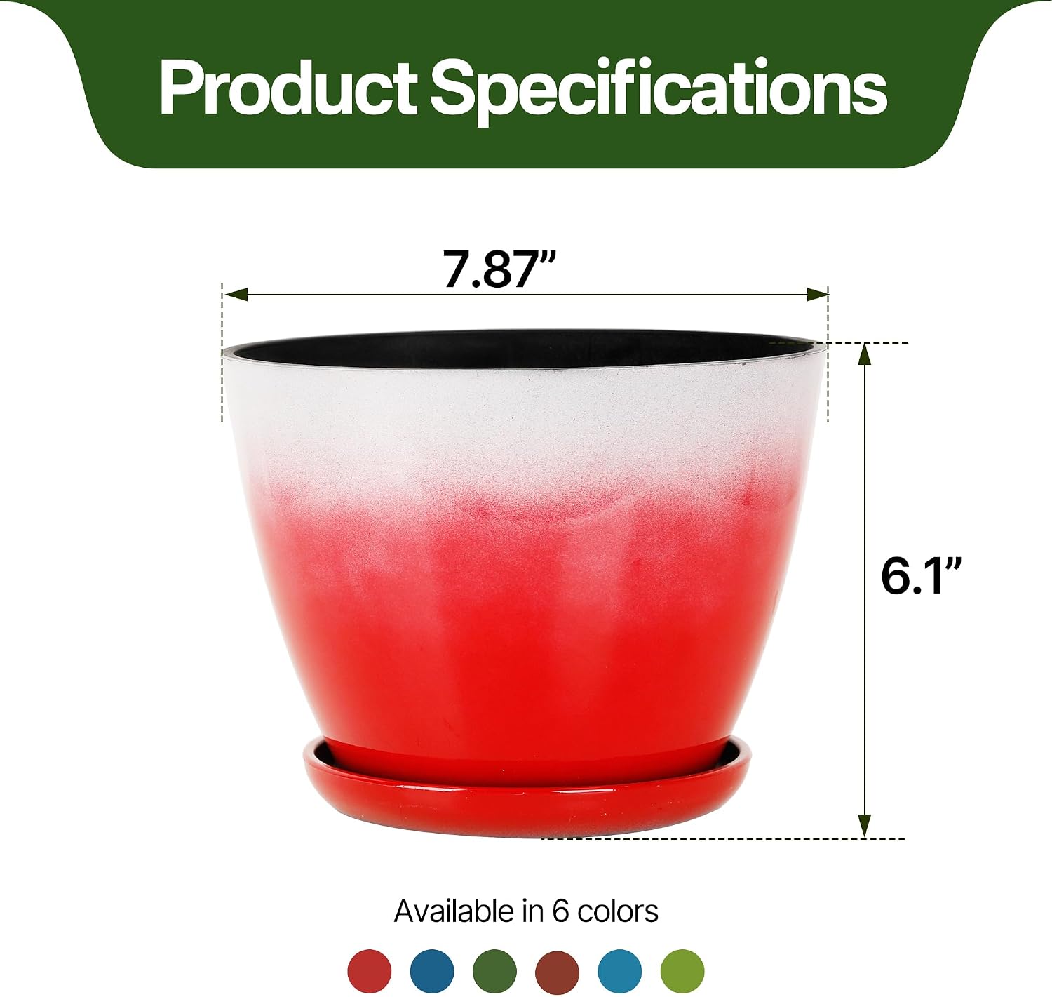 Worth Garden Plastic Round 8" Plant Pots - Set of 6 Multicolor Small Gloss Flower Pot Planters with Drainage Hole and