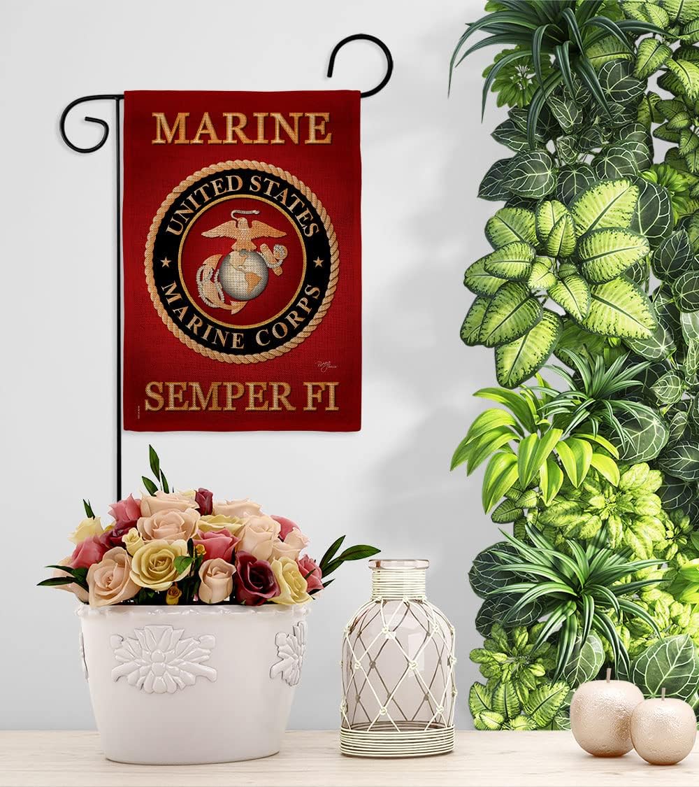 Marine Corps Burlap Garden Flag - Set with Stand Armed Forces USMC Semper Fi United State American Military Veteran