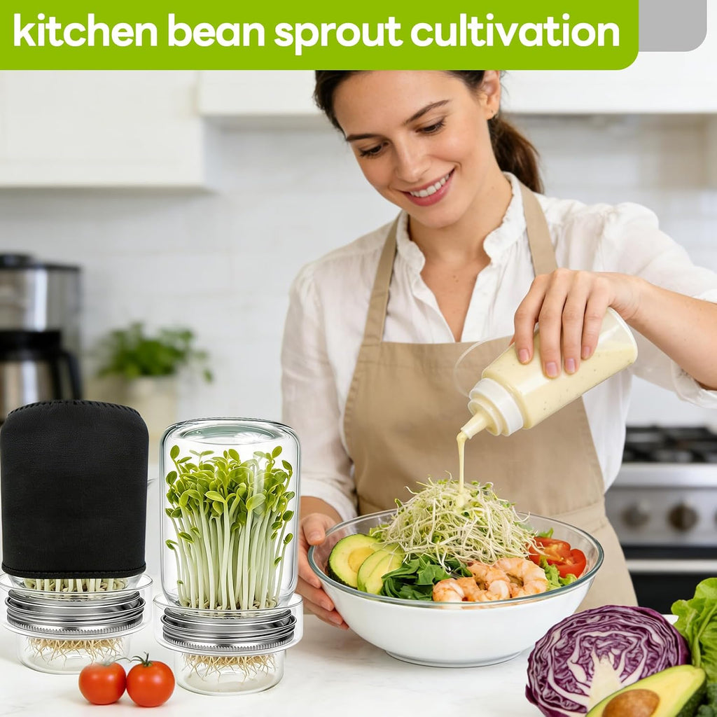 1000ml Sprouting Kit - 2 Sprouting Jar Kits, Wide Mouth Quart Mason Jars with Sprout Lids, Blackout Sleeves, Drain