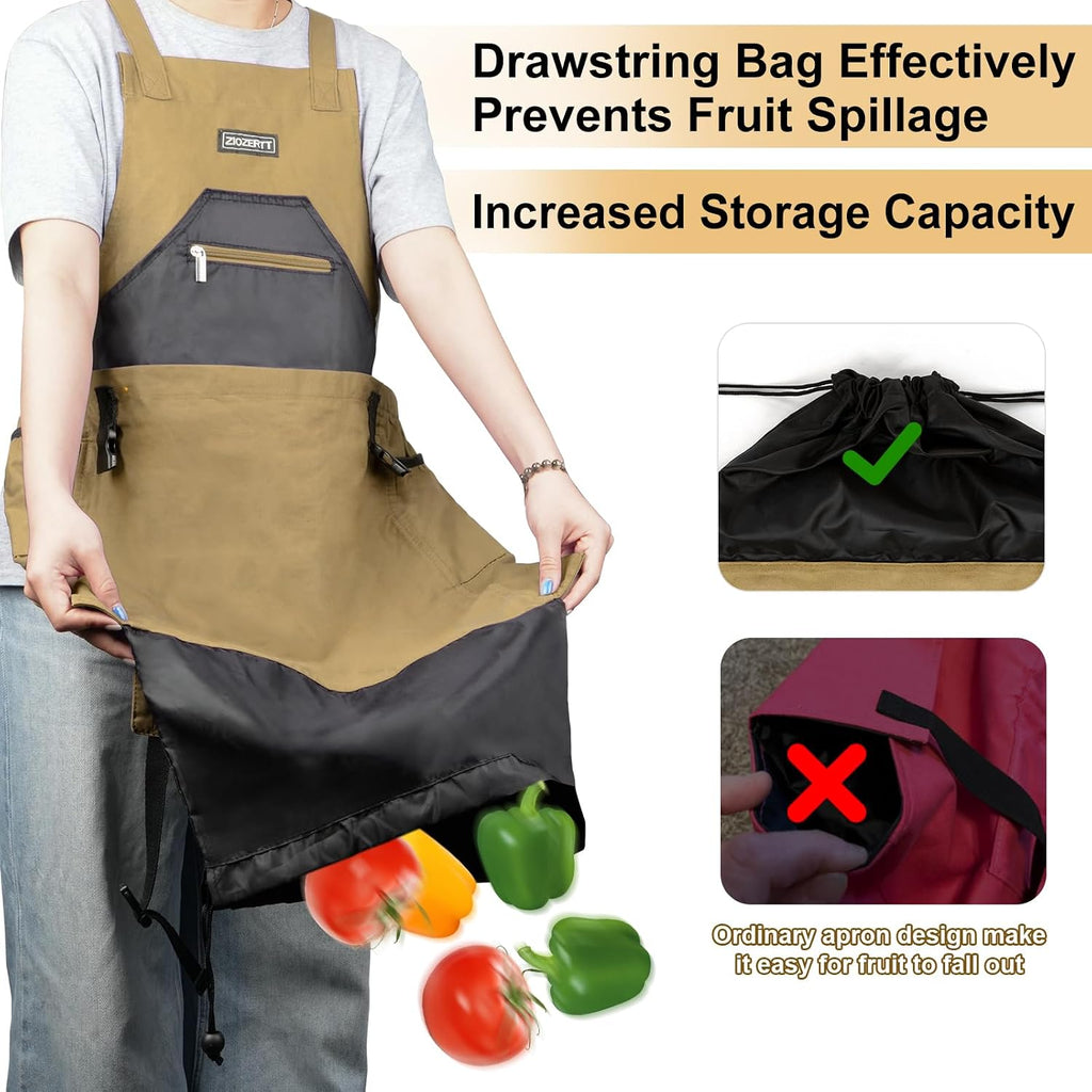 Garden Apron,Harvest Aprons with Drawstring Bag and Pockets for Women and Men,Canvas Fruit Picking Apron