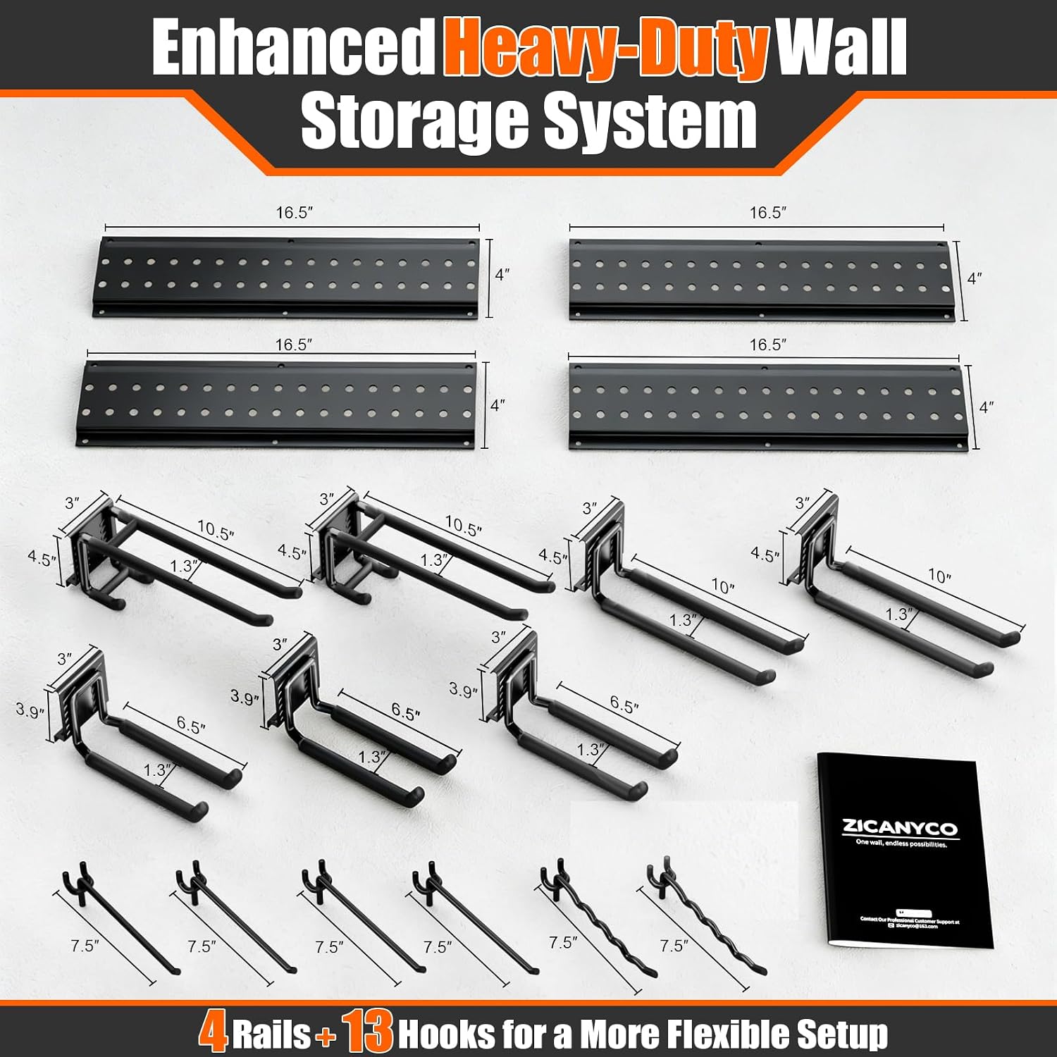 Garage Tool Organizer Wall Mount 66 inches with 13 Adjustable Heavy-Duty Hooks, Garage Organization, Garden Tool