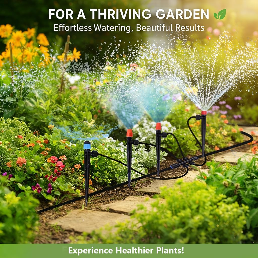 230FT Garden Irrigation System with 40 Nozzles & Emitters, Automatic Watering System with 1/2" & 1/4" Tube and Barbed