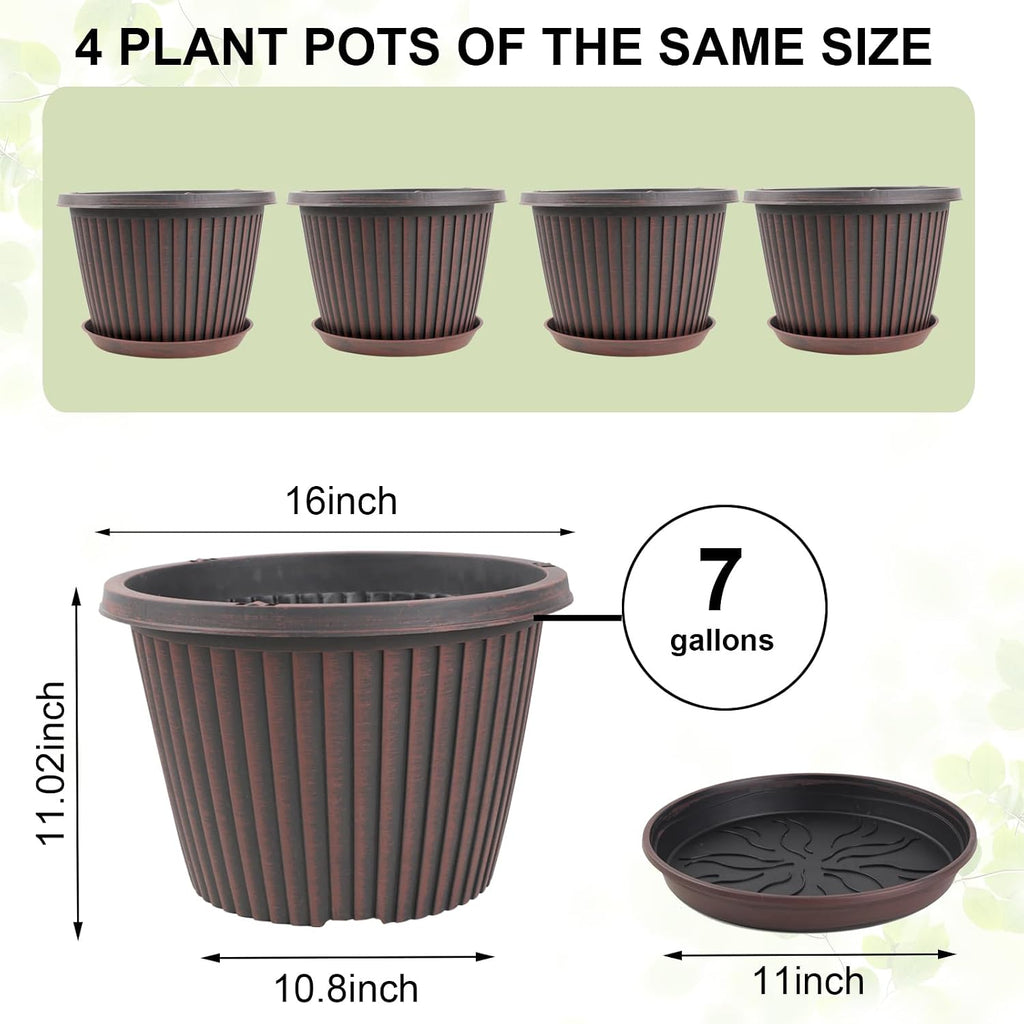 Large-Planter-Indoor-Outdoor Plant Pots, 16 inch 4 Pack Plastic Flower Pots with Saucer And Drainage Holes, Modern