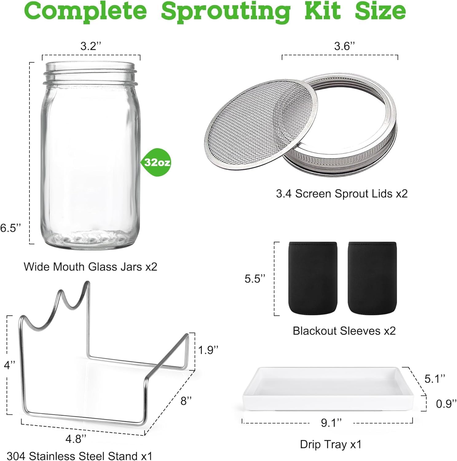 Kitmiido Organic Seed Sprouting Jar Kit – 2 × 32 oz Wide-Mouth Mason Jars | Stainless-Steel Sprouter Lids & Stand