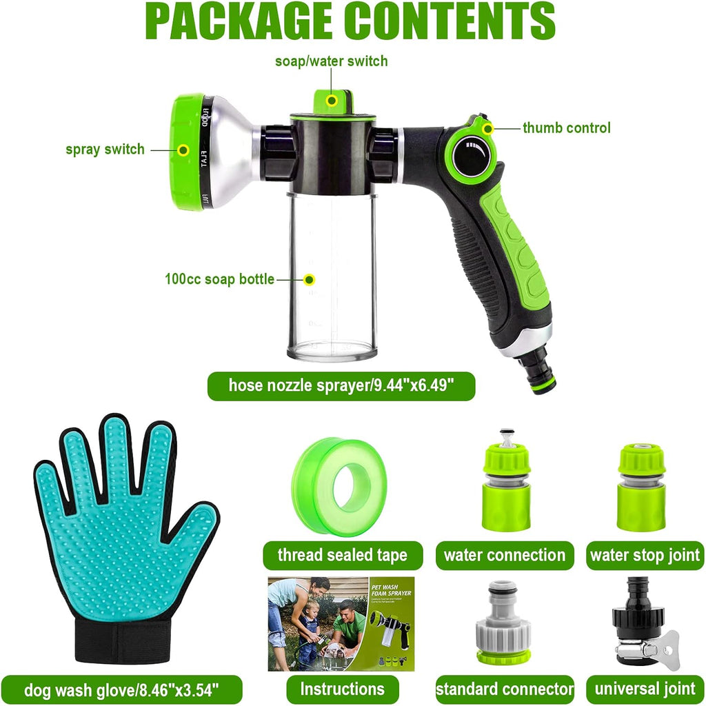 Upgraded Dog Wash Hose Attachment, 8-in-1 Sprayer Mode Garden Hose Nozzle | with Pet Grooming Glove, 100cc Soap