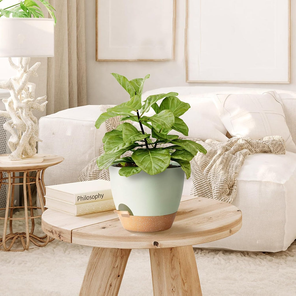 Self Watering Plant Pot with Drainage Hole,Plant Pots Outdoor Flower Pots for Indoor Plants,Modern Green Plastic Self