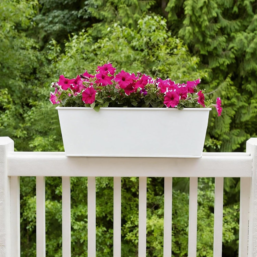3 Pack Metal Railing Planters, 16 Inch Large Rectangular Hanging Flower Pots with Detachable Hooks & Drainage Holes