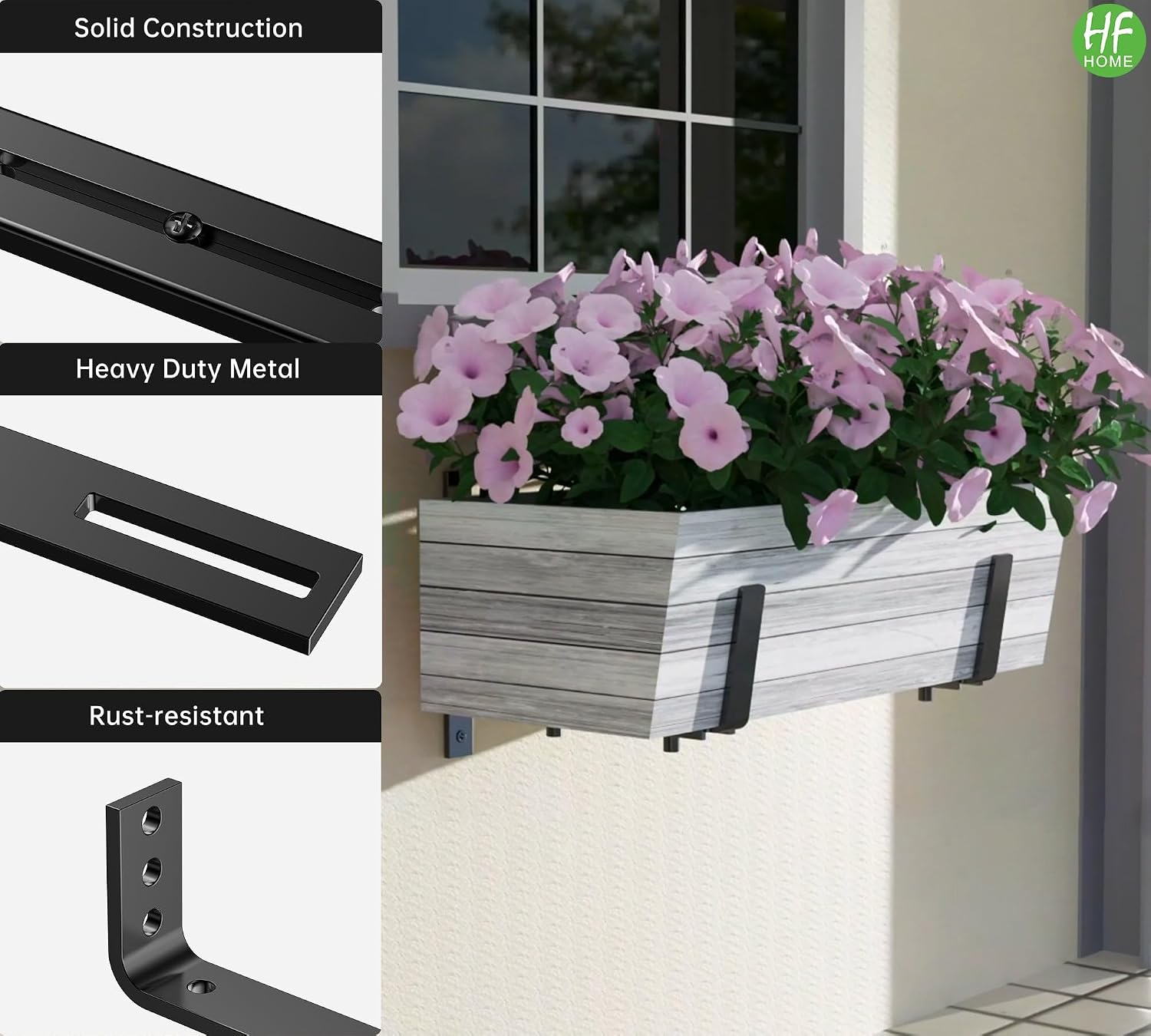 HFHOME 4 PCS Adjustable Planter Box Brackets (6 to 12.5 in), Universal Window Box Brackets, Heavy Duty Metal Flower Box