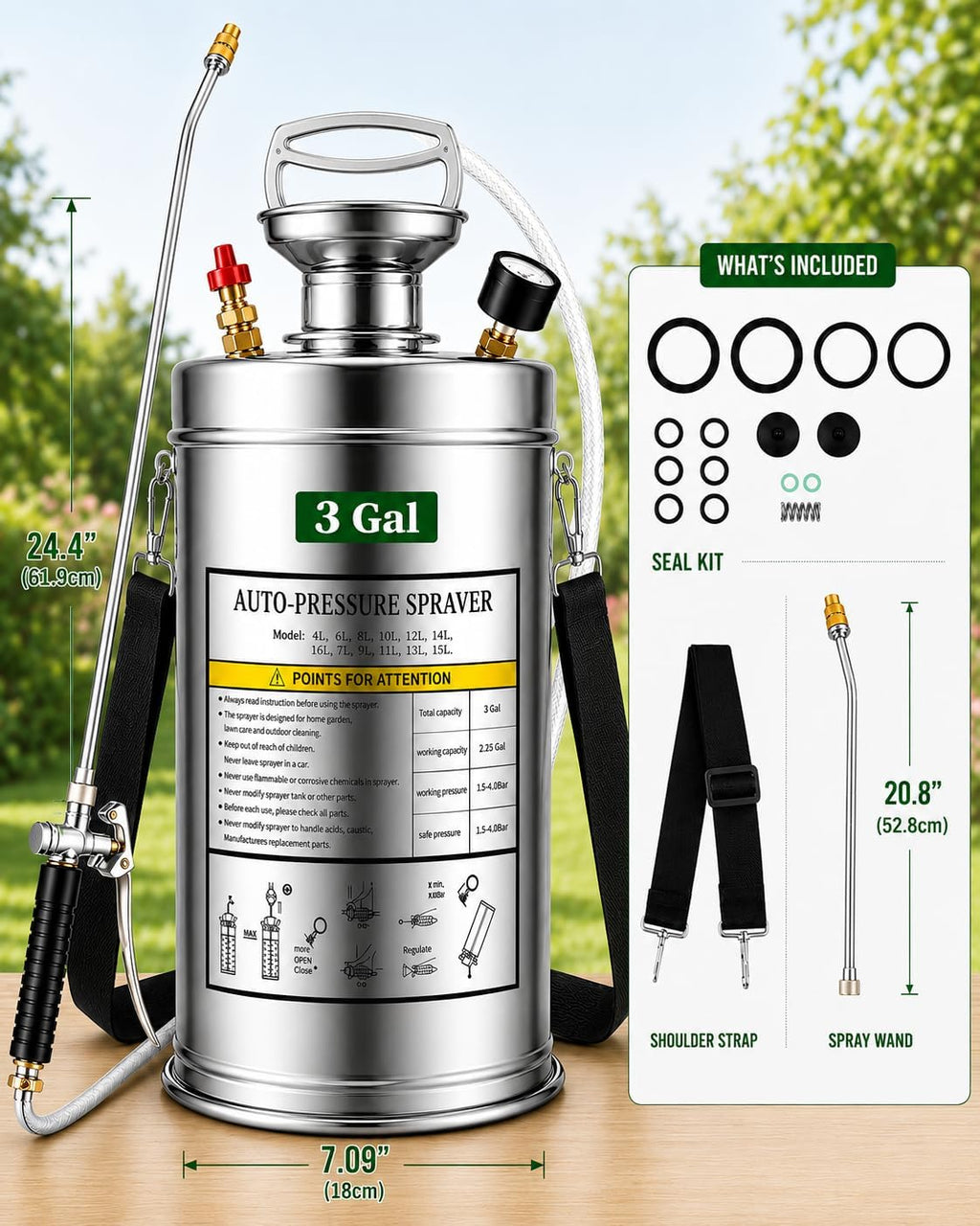 Stainless Steel Sprayer 3 Gallon - Steel Hand-Pump Sprayer, with 3.3-inch Reinforced Hose - Garden Sprayer for Home