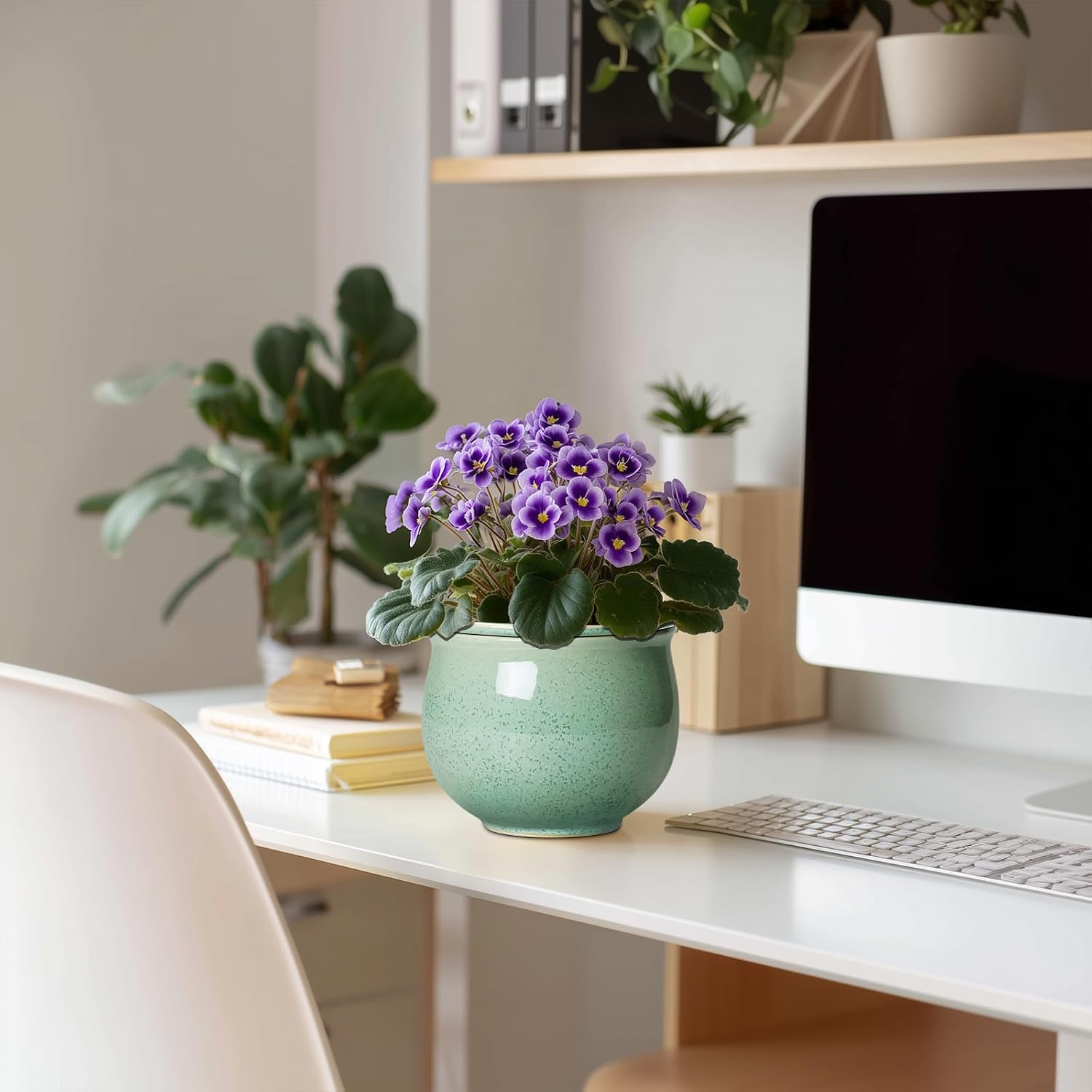 Ceramic Self Watering Pots, 6 Inch African Violet Pots with Absorbent Inner Pot, Round Self Watering Planter for Indoor