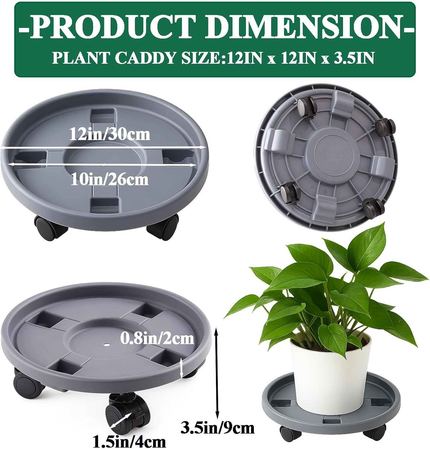 Rolling Plant Stand Outdoor 5 Pack 12 Inch Plant Caddy with Wheels, Grey | Durable plant platform, smooth mobility for