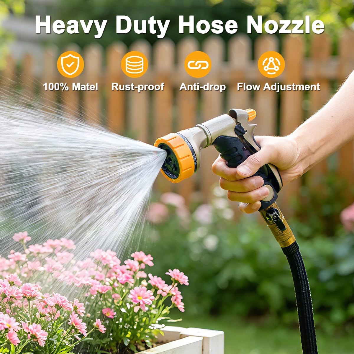 FANHAO Metal Garden Hose Nozzle Heavy Duty, Rear Trigger Water Sprayer | 7 Adjustable Spray Patterns, Flow Control