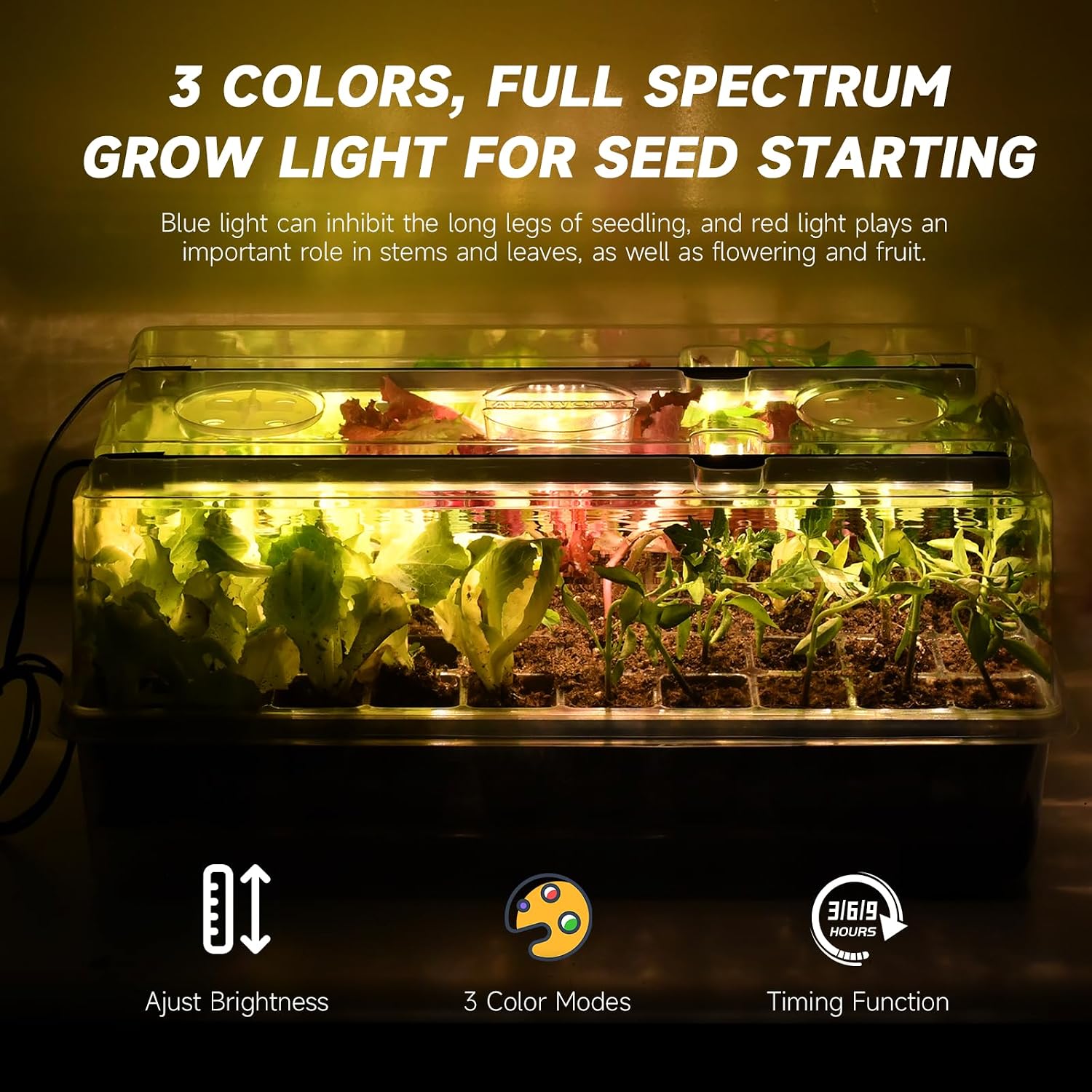 Adawook Self-Watering Seed Starter Tray with Grow Lights, Seed Starter Kit, Full Spectrum Grow Light for Seed Starting
