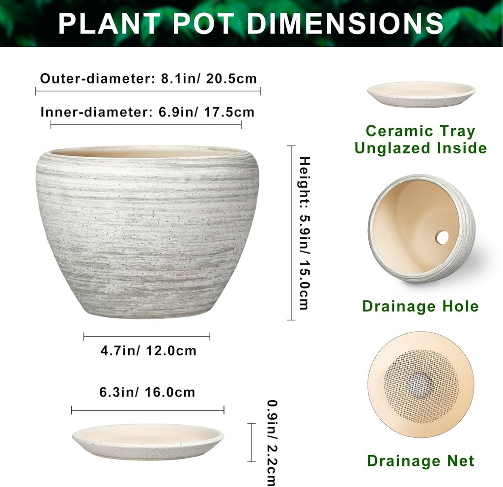 Indoor Plant Pots 8 Inch - Ceramic Plant Pots with Drainage Hole and Saucer, Large Flower Pot for Indoor Plants